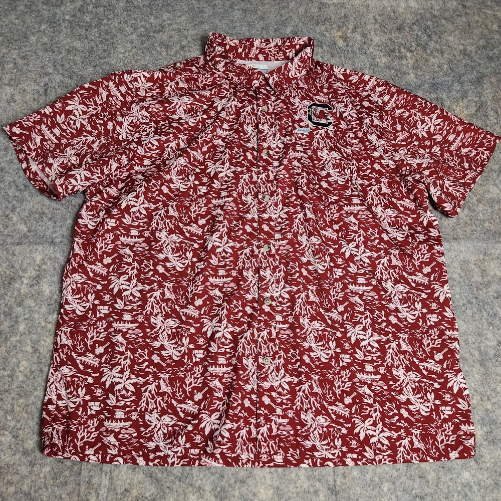 Columbia PFG Utility Shirt Men 2XL XXL Red White Tropical Print Fishing Hiking